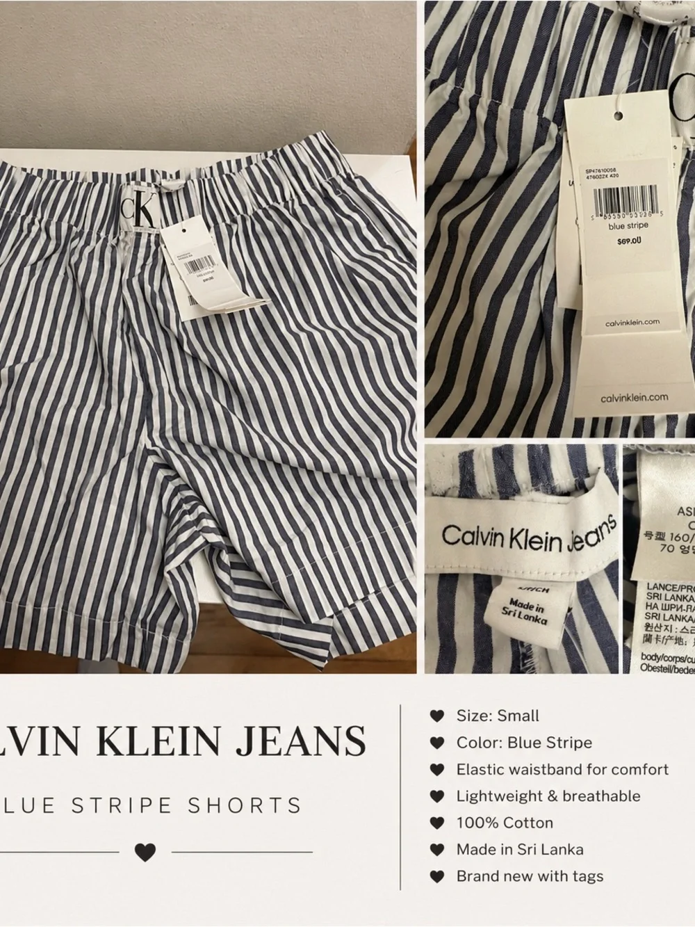Calvin Klein Blue and White Striped Men’s Cotton Shorts